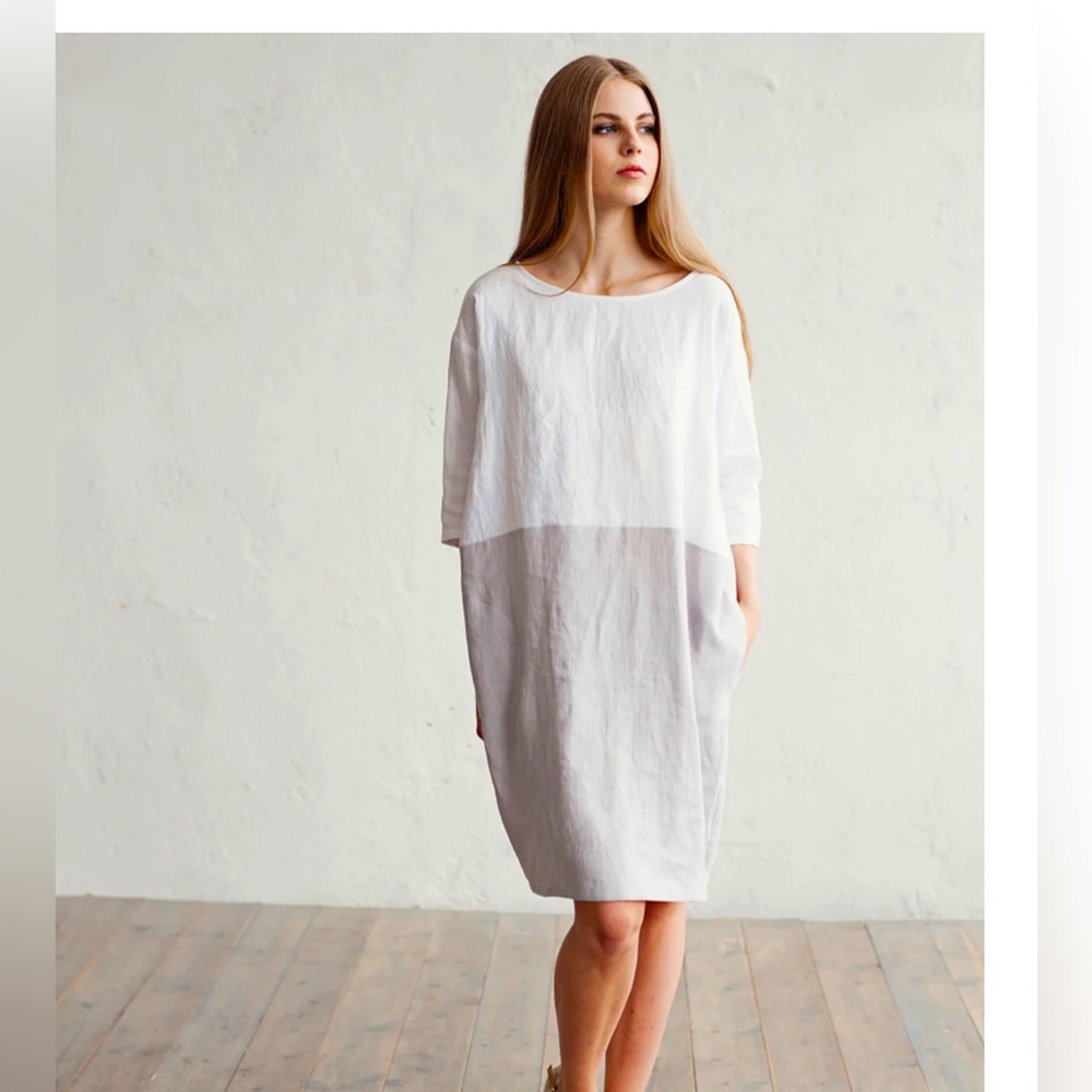 MAGIC LINEN Adria Dress. NWOT. Color Block Linen. Relaxed Fit.  XS.
